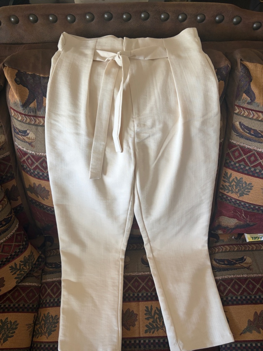 Andy & Lucy Paris Tie Pant Cream Trouser Zip Front Sz M/L EUC